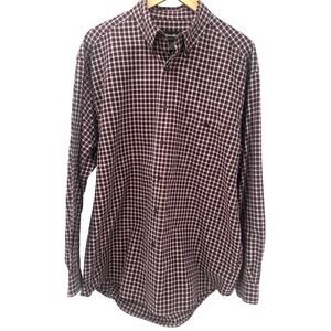 Eddie Bauer Shirt Mens Large Plaid Maroon Blue Cotton Button Down Vintage